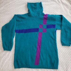 VTG Richard And Company Lambswool Angora Sweater Retro Geometric Teal Purple‎ M